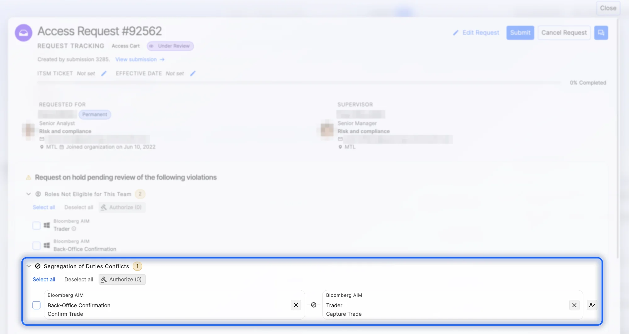 A QuartzID access request on hold: the requested Back-Office Confirmation role conflicts with the Trader role the requester already holds, flagged as a segregation-of-duties conflict before anything is granted.