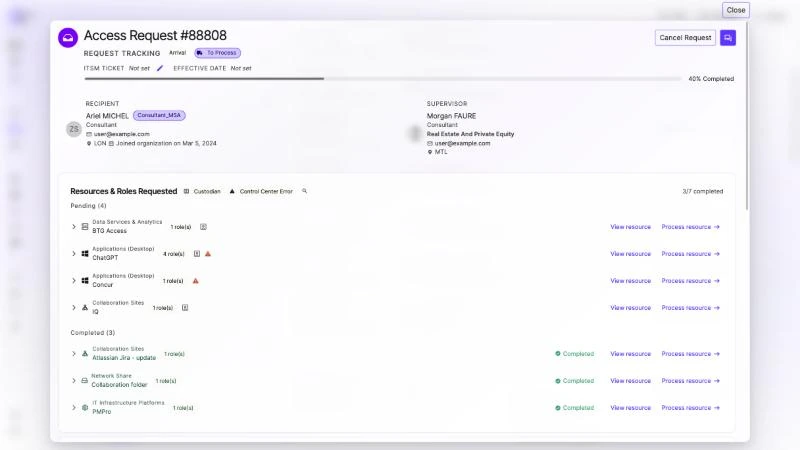 A joiner’s access request part-processed in QuartzID: three of seven resources provisioned, four still pending, each with its own process action.