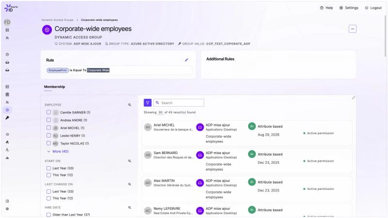 A QuartzID dynamic access group whose single attribute rule grants membership, with the 45 employees it currently resolves to listed beside it.