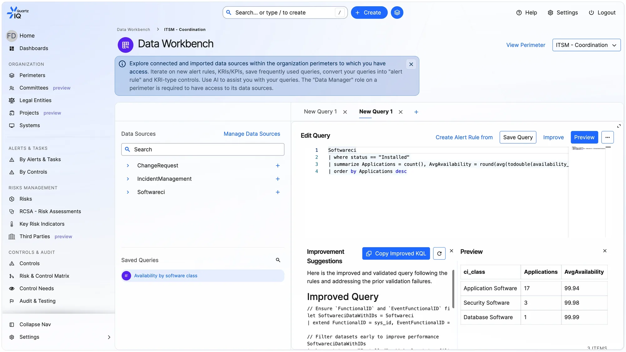 The QuartzIQ data workbench: a query over connected data sources, an AI-improved version of it, and a preview of average availability by software class, ready to become an alert rule.