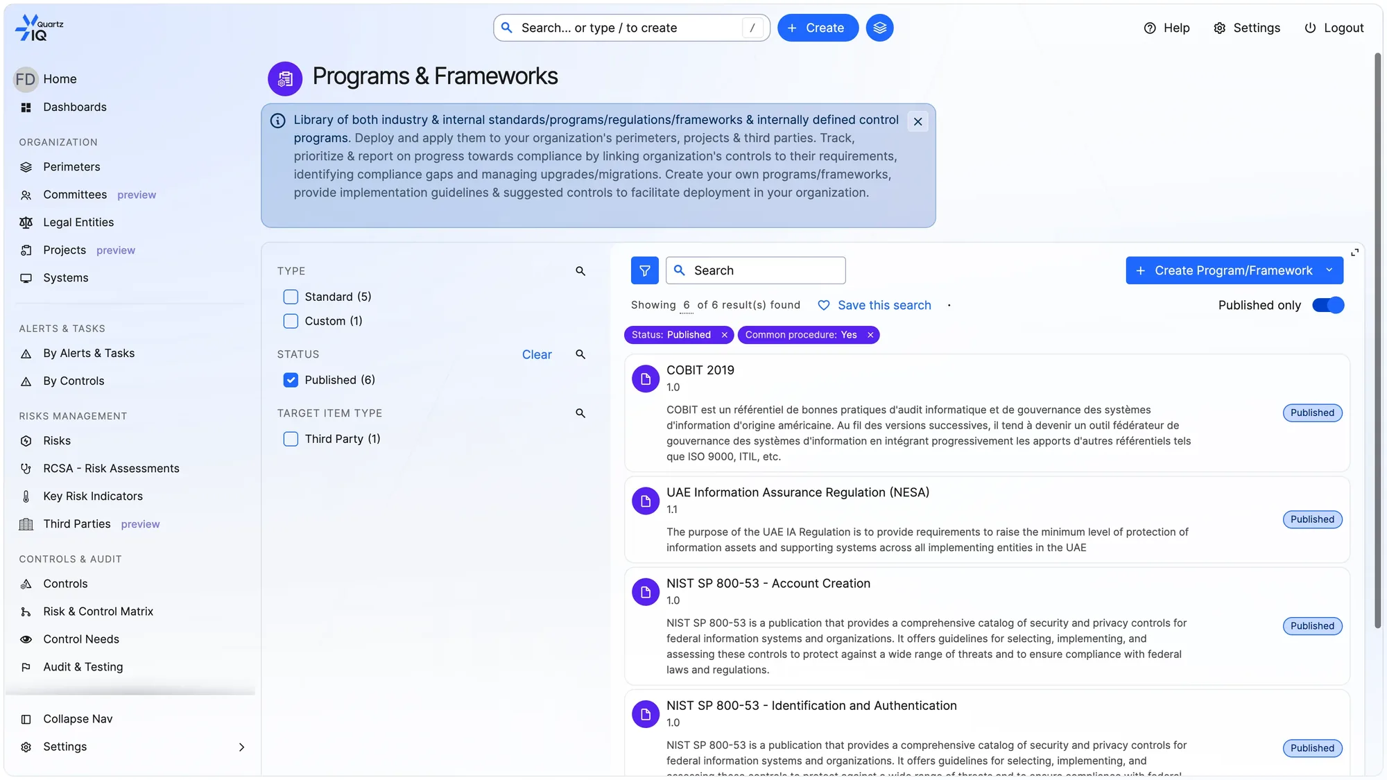 The QuartzIQ programs and frameworks library, listing published standards such as COBIT 2019, the UAE Information Assurance Regulation and NIST SP 800-53.