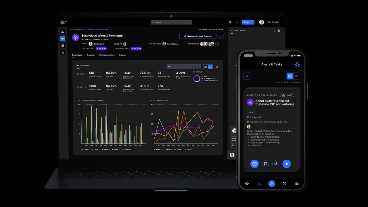 The QuartzIQ control dashboard on a laptop, with the Alerts & Tasks queue on a phone in front of it.