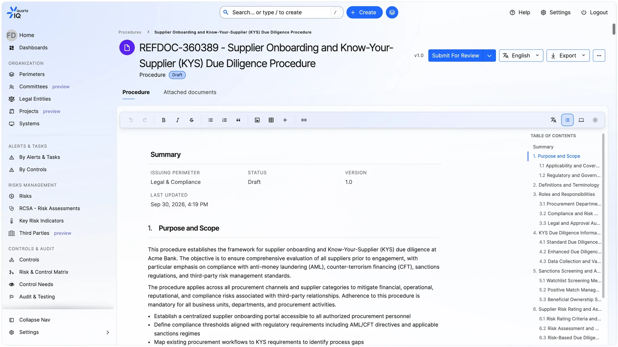 A supplier onboarding and know-your-supplier due-diligence procedure being edited in QuartzIQ, with its issuing perimeter, draft status, version and a table of contents.