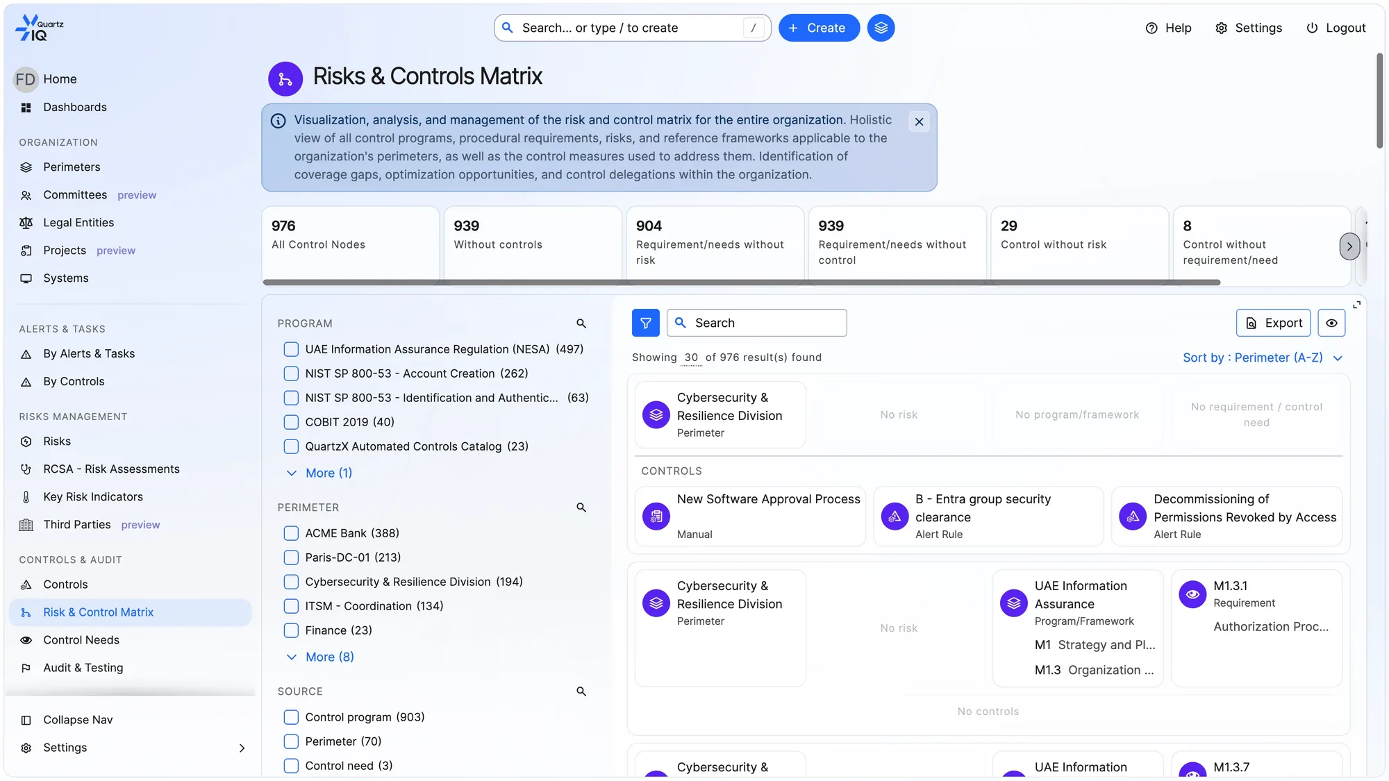 The QuartzIQ risks and controls matrix: counts of control nodes, requirements without controls and controls without risks, above perimeters linked to their frameworks, requirements and controls.