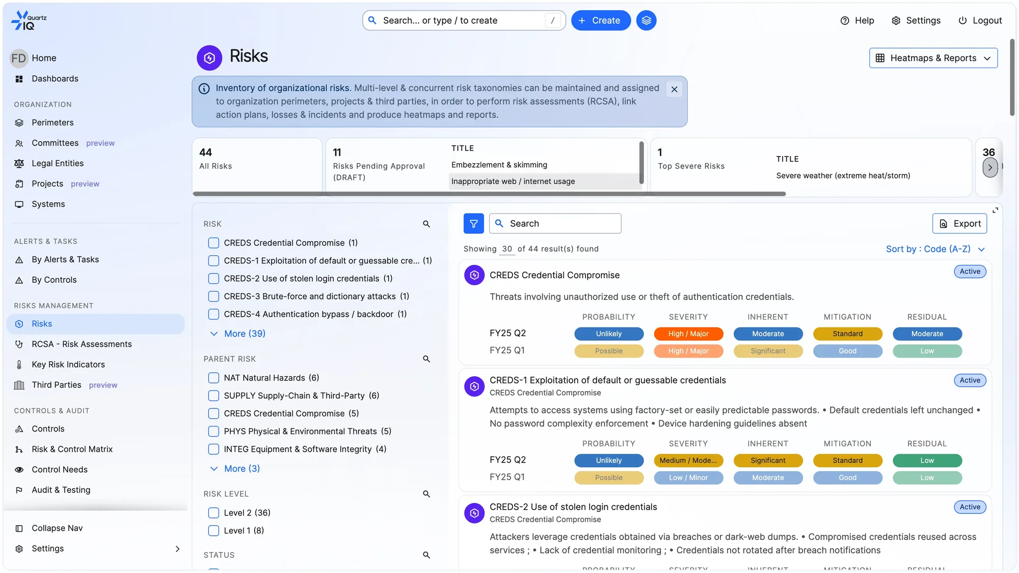 The QuartzIQ risk register: 44 risks filtered by risk, parent risk and level, each showing probability, severity, inherent, mitigation and residual ratings for two quarters.
